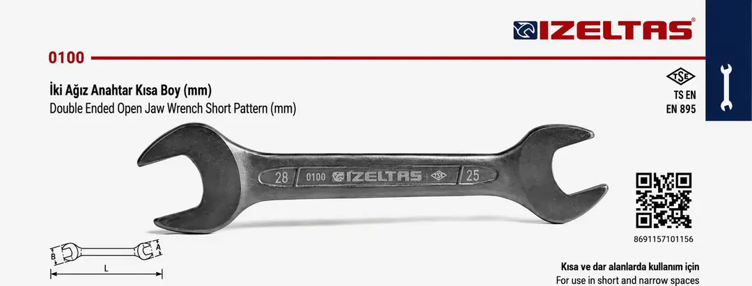 İZELTAŞ KISA İKİ AĞIZ ANAHTAR 16X17 mm 0100011617