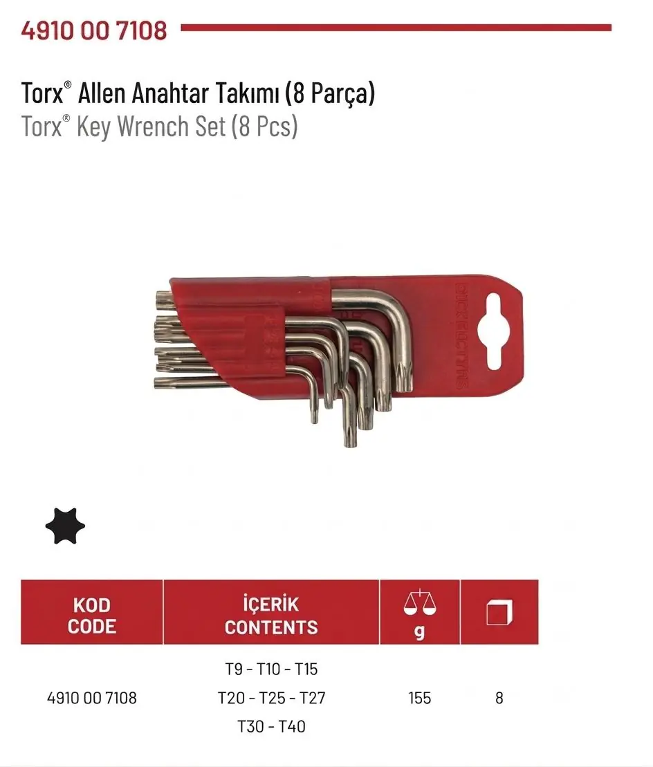 İZELTAŞ TORX ALLEN ANAHTAR TAKIM 8 PARÇA 4910007108