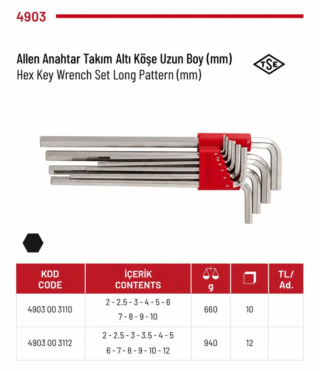 İZELTAŞ UZUN ALLEN ANAHTAR TAKIM 12 PARÇA 4903003112