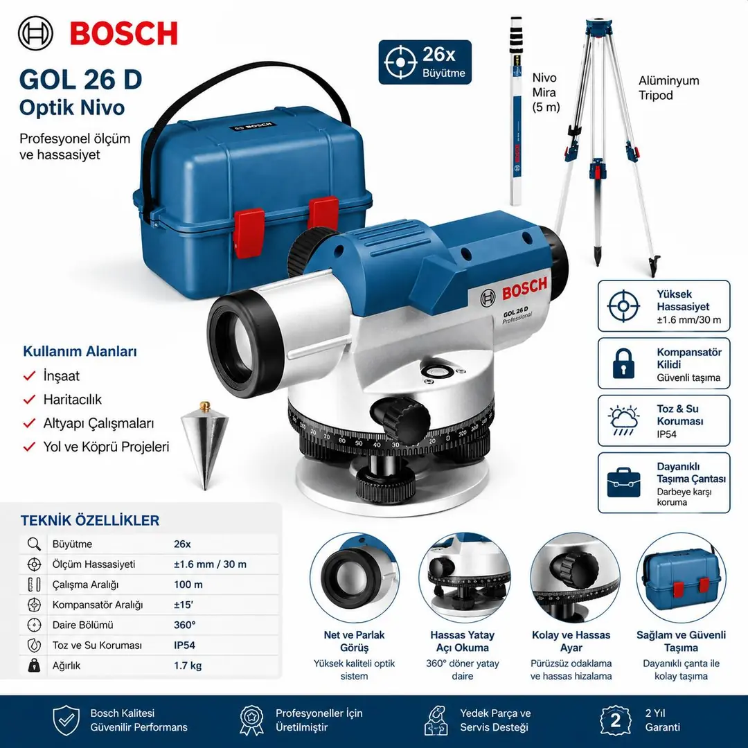 BOSCH NİVO GOL 26 D BT 160 GR 500 100 MT OPTİK NİVELMAN 0601068002