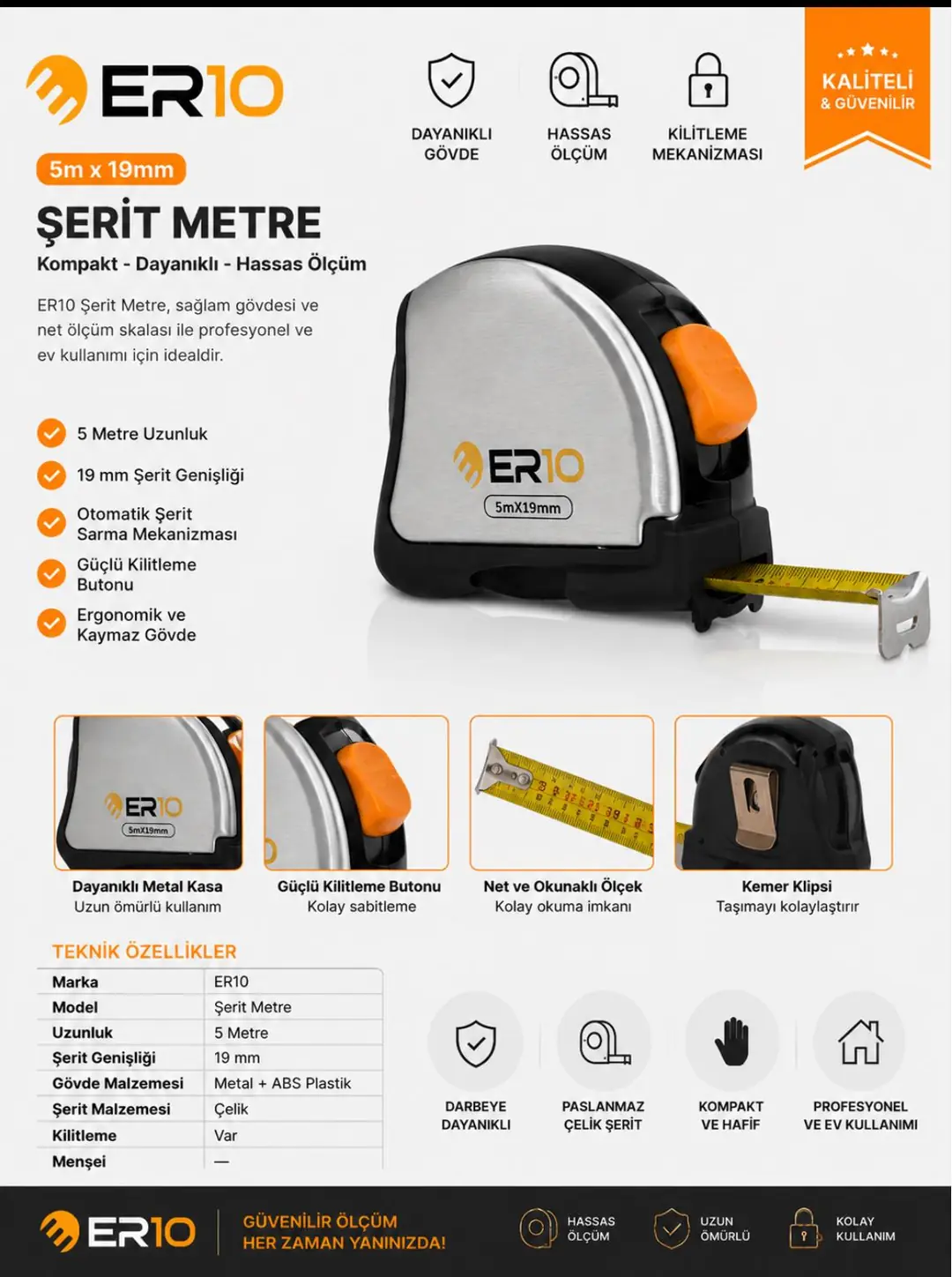 Ürün görseli: ER10 İNOX METRE ÇELİK MANYETİK 5X19 MM 5 MT  