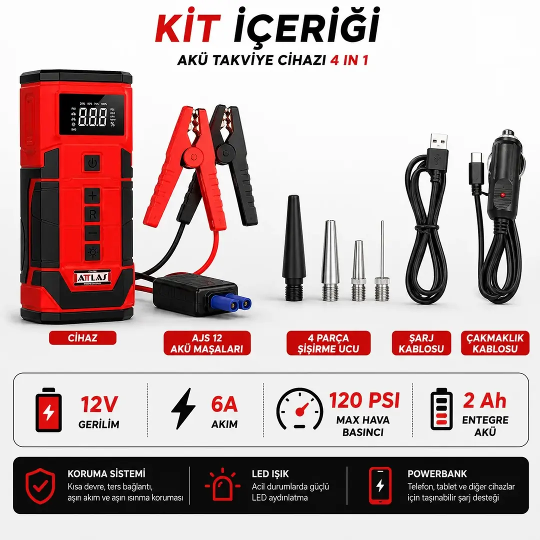 ATTLAS AJS 12 4'Ü 1 ARADA AKÜ TAKVİYE CİHAZI 12V 6A 120 PSI