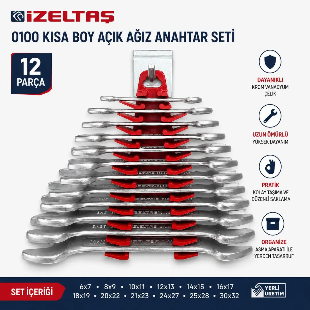İZELTAŞ KISA İKİ AĞIZ ANAHTAR TAKIM 12 PARÇA 0100002112