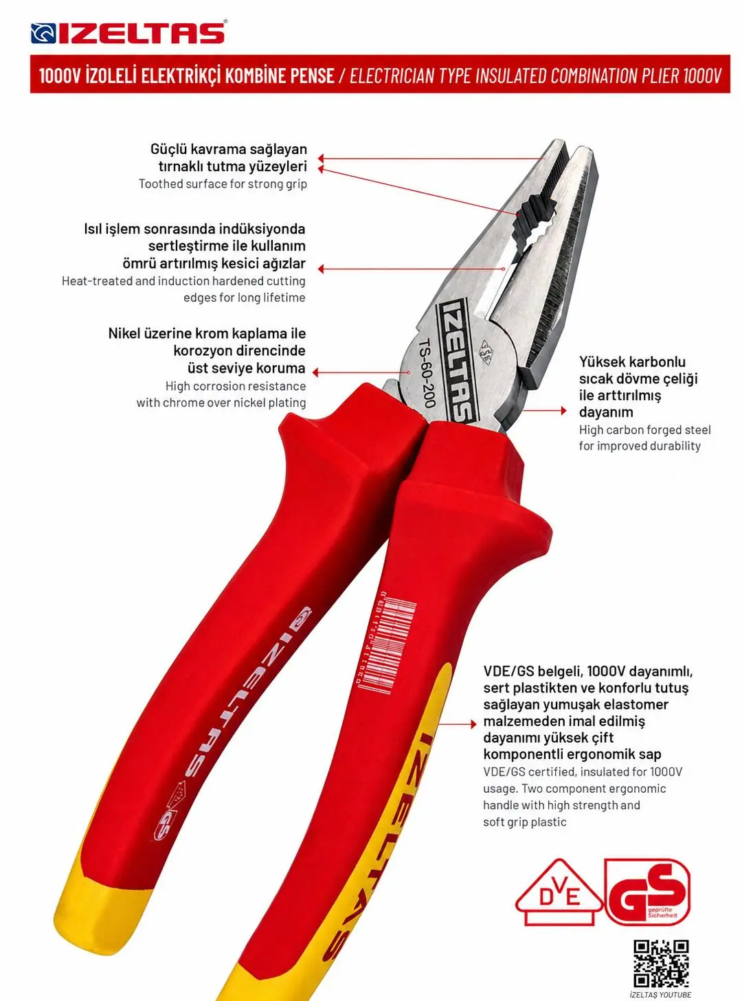 İZELTAŞ İZOLELİ ELEKTRİKÇİ KOMBİNE PENSE 180 MM 1000V 3020126180