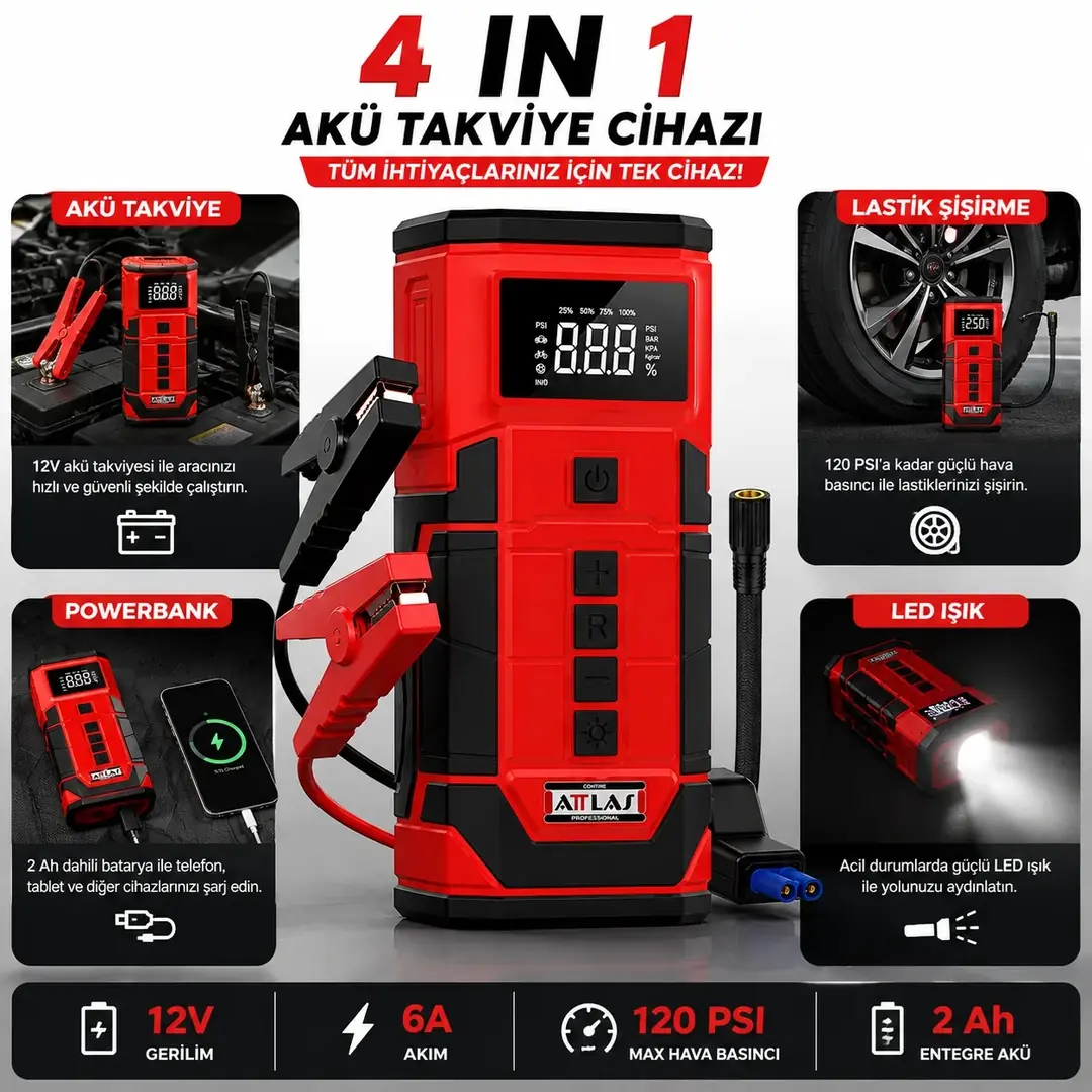 ATTLAS AJS 12 4'Ü 1 ARADA AKÜ TAKVİYE CİHAZI 12V 6A 120 PSI