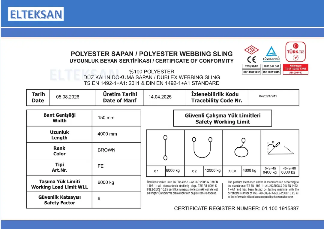 POLYESTER SAPAN 6 TON 8 METRE EN 1492-1+A1 SERTİFİKALI 6:1