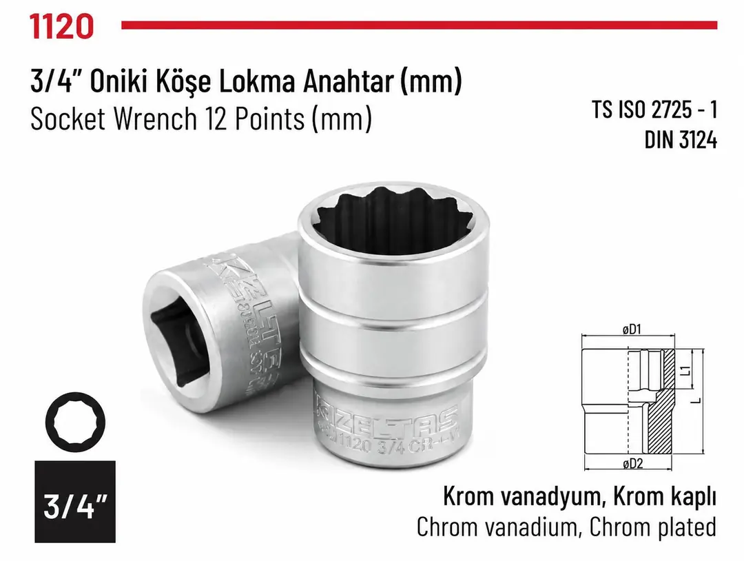 Ürün görseli: İZELTAŞ 3/4 BEYAZ ONİKİ KÖŞE AĞIR TİP LOKMA 27 MM 1120061027