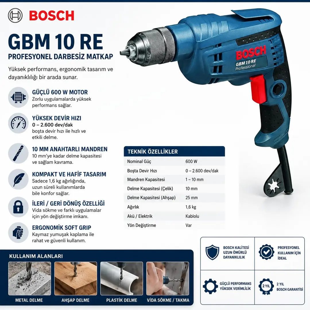 BOSCH GBM 10 RE DARBESİZ MATKAP 600 W 0601473600